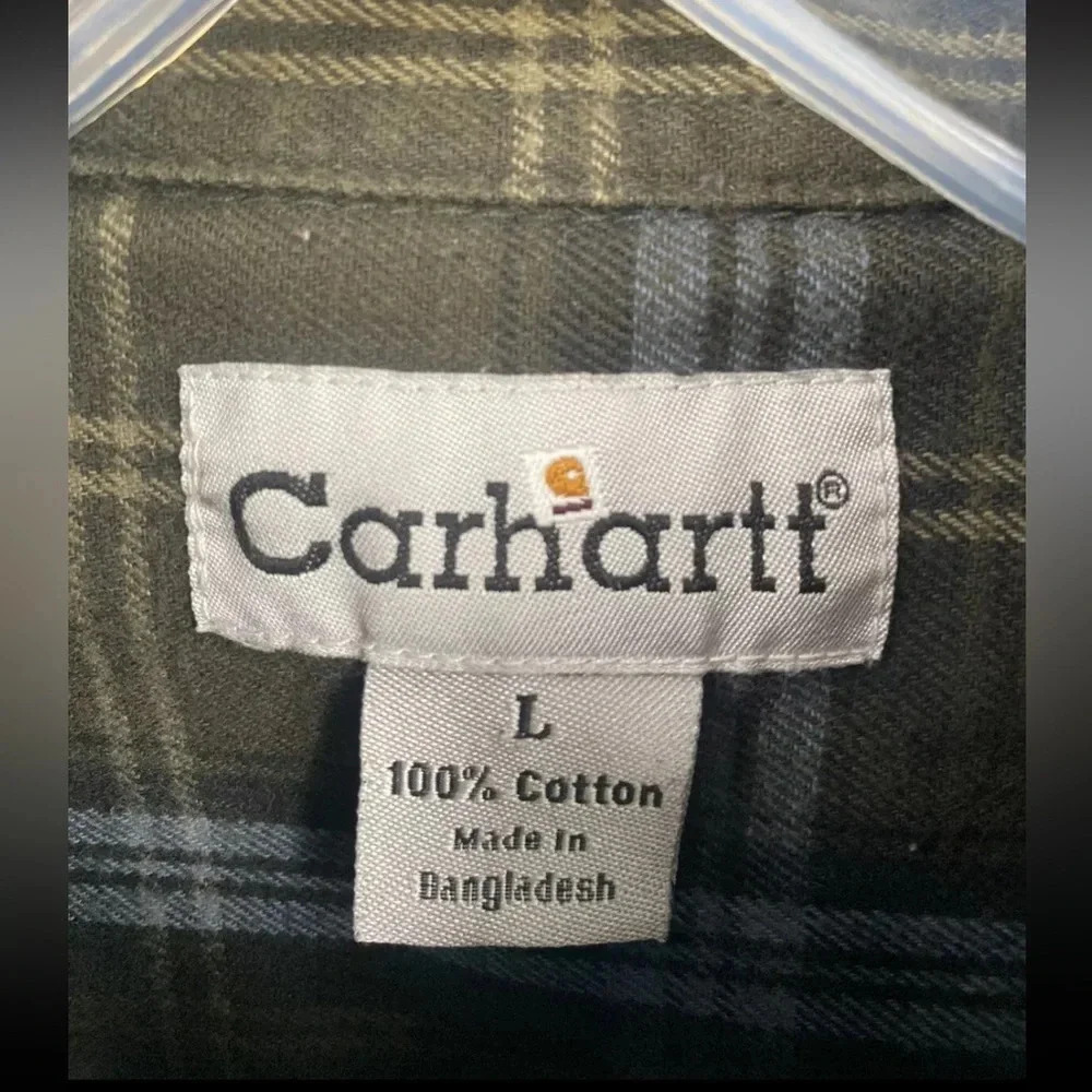 Carhartt S216 OLV RegularHeavyweight Flannel Long Sleeve Plaid Mens Shirt Sz L - Picture 3 of 7